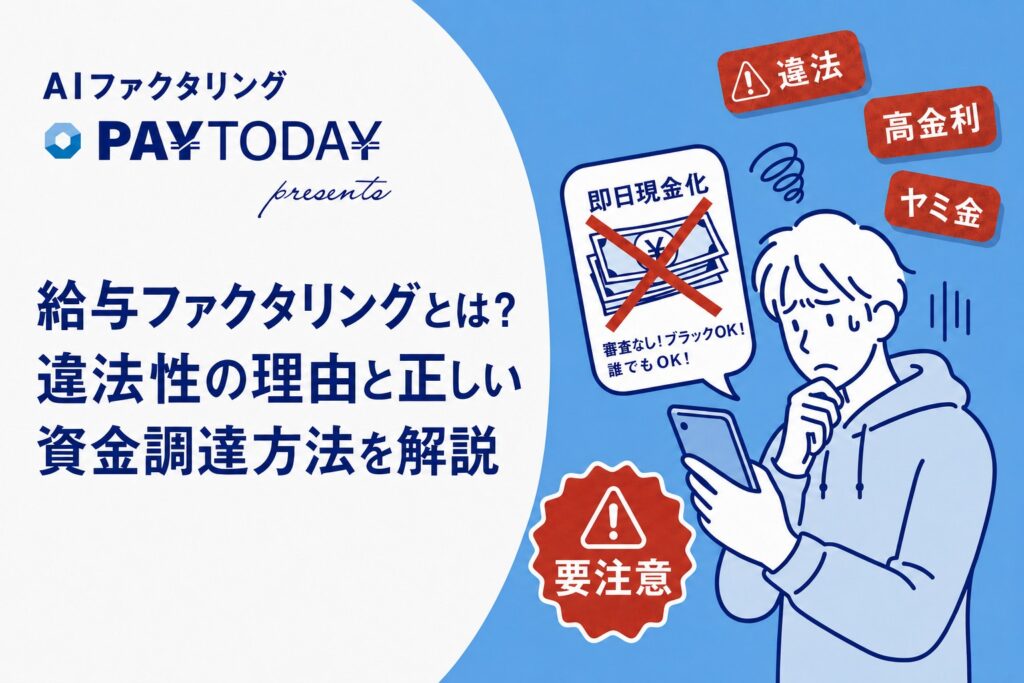 給与ファクタリングは違法性が高いため要注意という警告イメージ画像